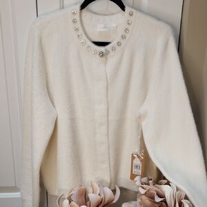 Cyrus White Sweater with Embellished Neckline
